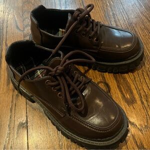 Brown faux leather lace up platform shoes